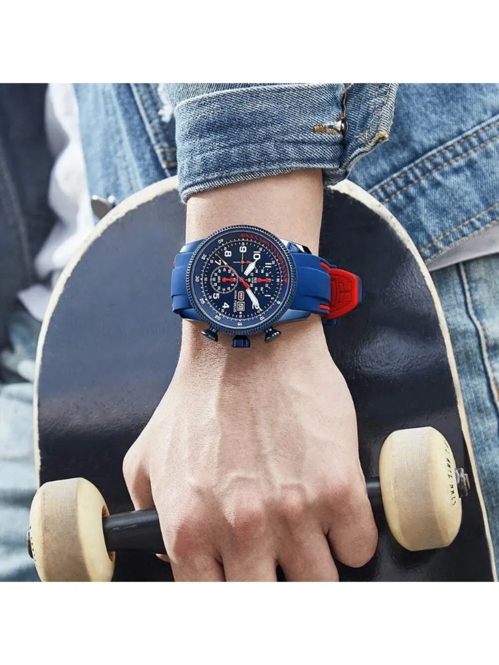 Men's Blue And Red Analog Waterproof Chronograph Classic Stylish Casual Watch